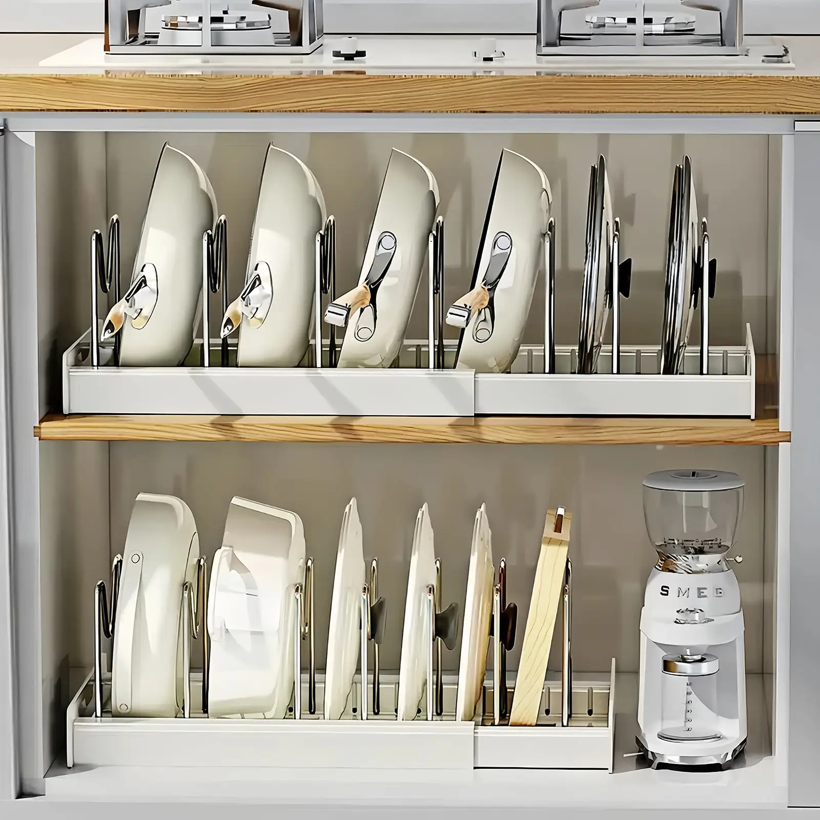 

7-Adjustable Divider Pot Organizer: Expandable Base, Removable Lid Holder & U-Shaped Stable Design