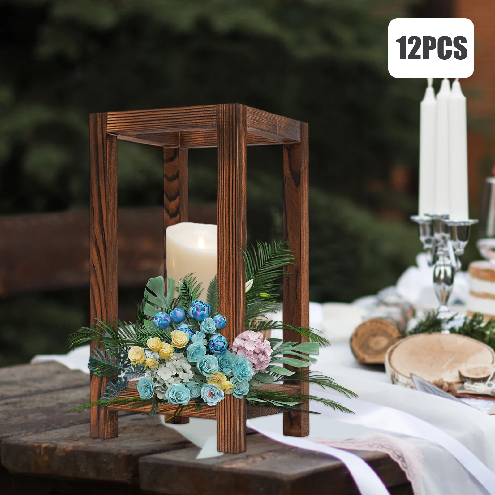

12PCS Wooden Candle Holder Handmade Candle Lantern Rack Brown Cuboid Tabletop Decoration for Wedding Party Easter