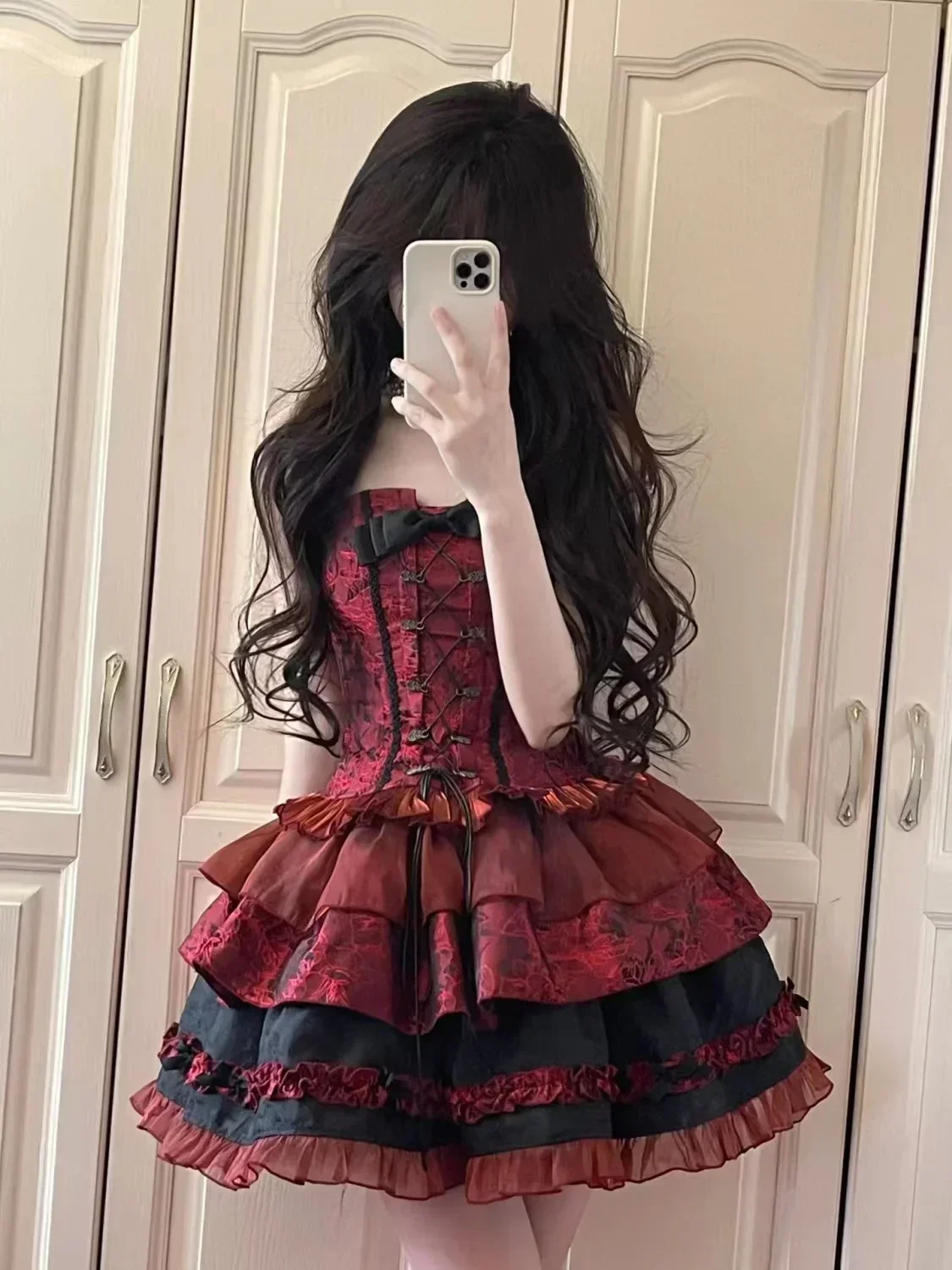 

Women's Victorian Gothic Lolita Lace Bow Slim Bandage Princess Dress, Japanese Harajuku Punk Style, Evening Party Dresses, Red,