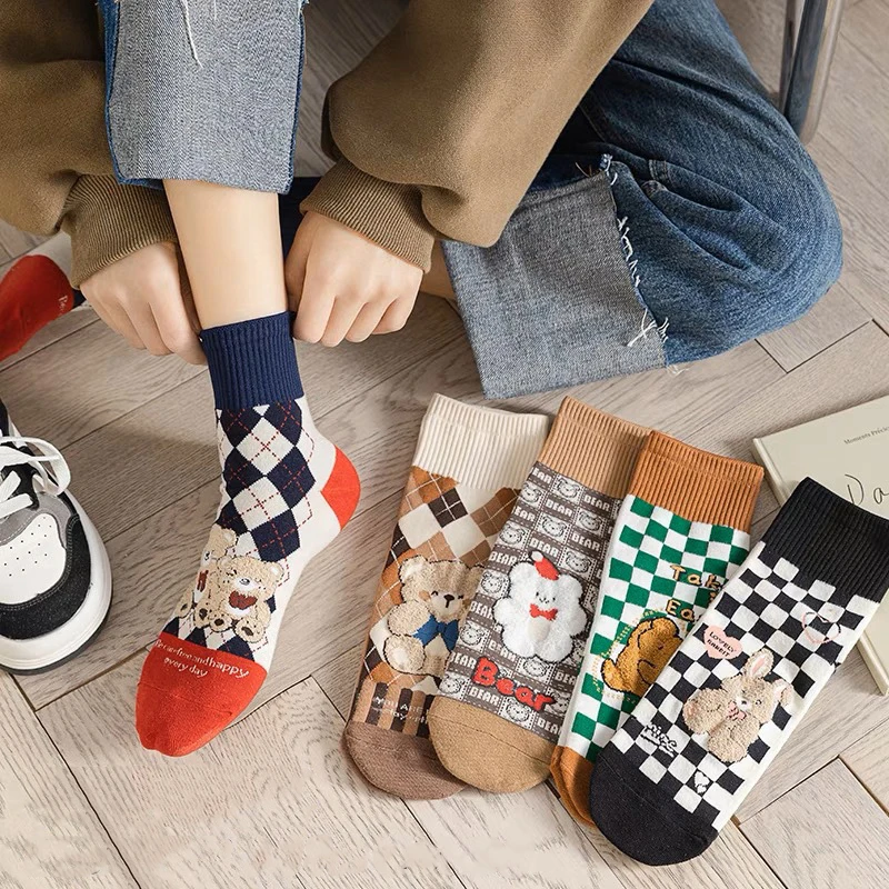 

Женские носки до середины икры с милым мультяшным медведем и кроликом, винтажные носки с клетчатым узором Argyle, модные повседневные носки, комплект для дочери