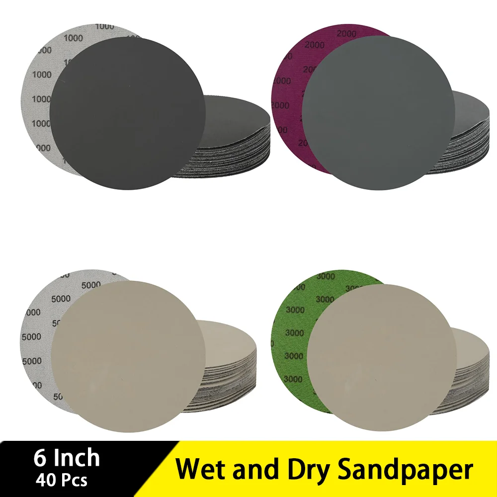 

6 Inch Wet and Dry Sandpaper Assorted 1000/2000/3000/5000 Grits 40 Pcs Hook and Loop for Wood Furniture Finishing Drywall