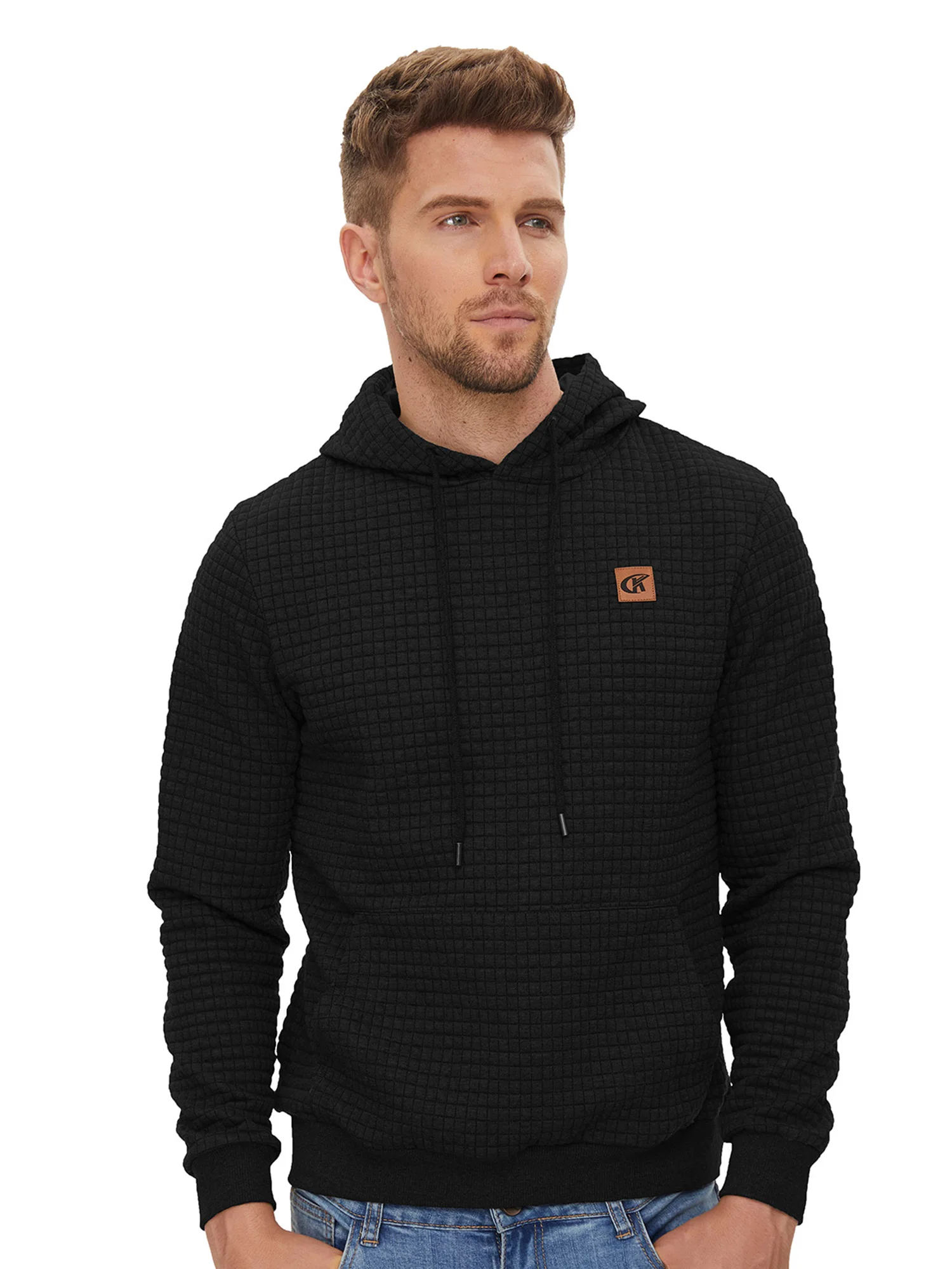 Men\'s Casual Hoodies Long Sleeve Plaid Jacquard Pullover Drawstring Kanga Pockets Casual Fashion Hooded Sweatshirts Streetwear