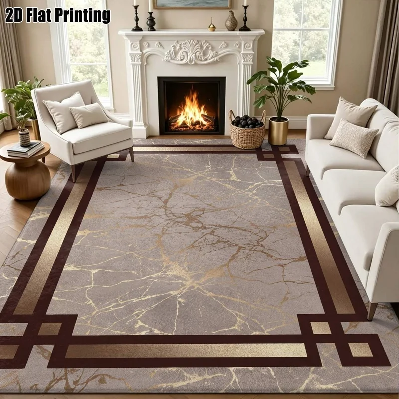 Large Indoor Area Rug Soft Velvet Low Pile Machine Washable, Gray Gold Marble Vein Pattern with Dark Geometric Border, Great for Living Room Bedroom Entryway Home Floor Decor