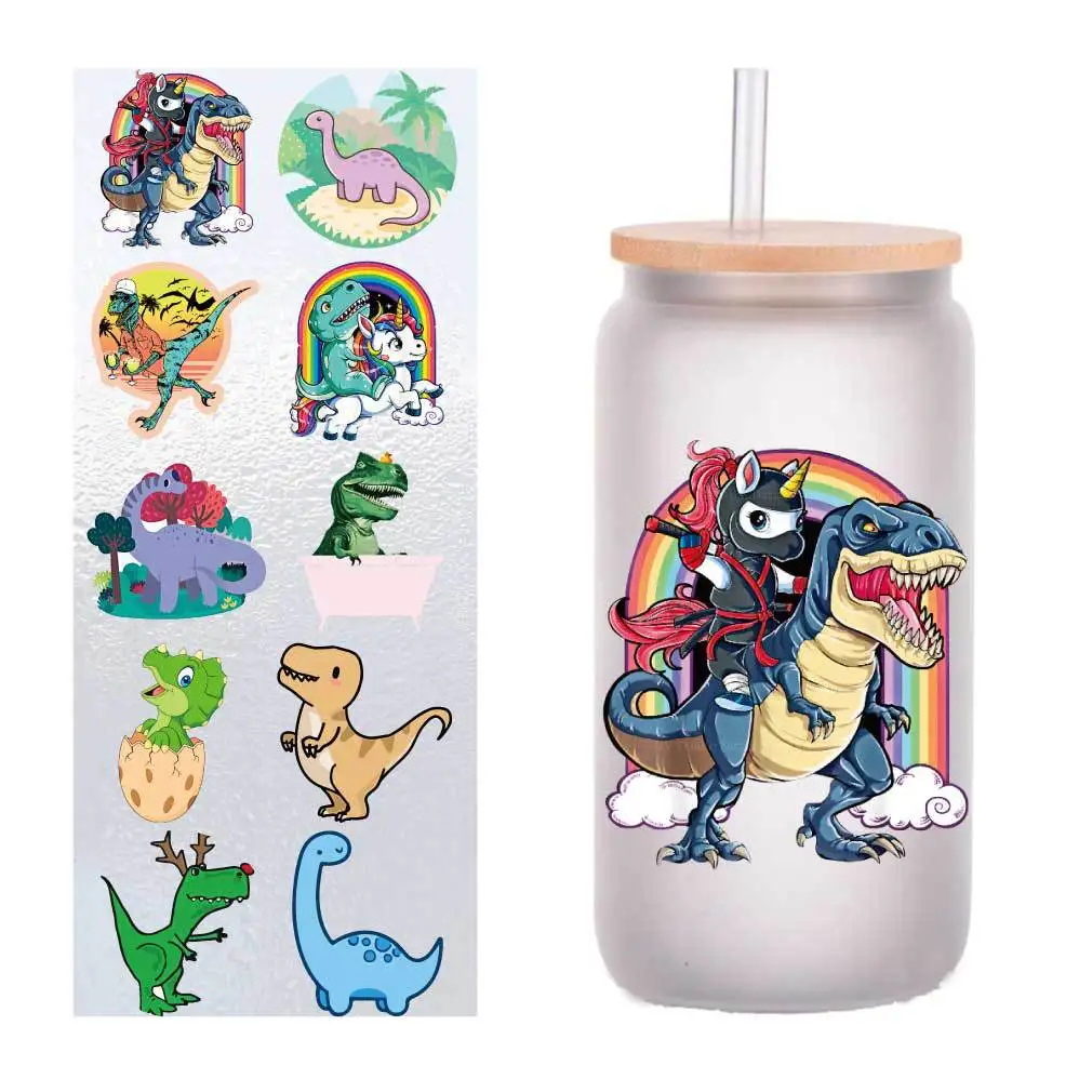 

10 pieces/pack cartoon green dinosaur UV transfer sticker Crystal label glass sticker customized four inches.