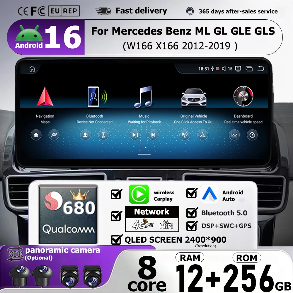Android 16 Car Radio For Mercedes Benz ML GL GLE GLS W166 X166 2012-2019 Android Auto Wireless Carplay QLED Touch Screen WIFI BT