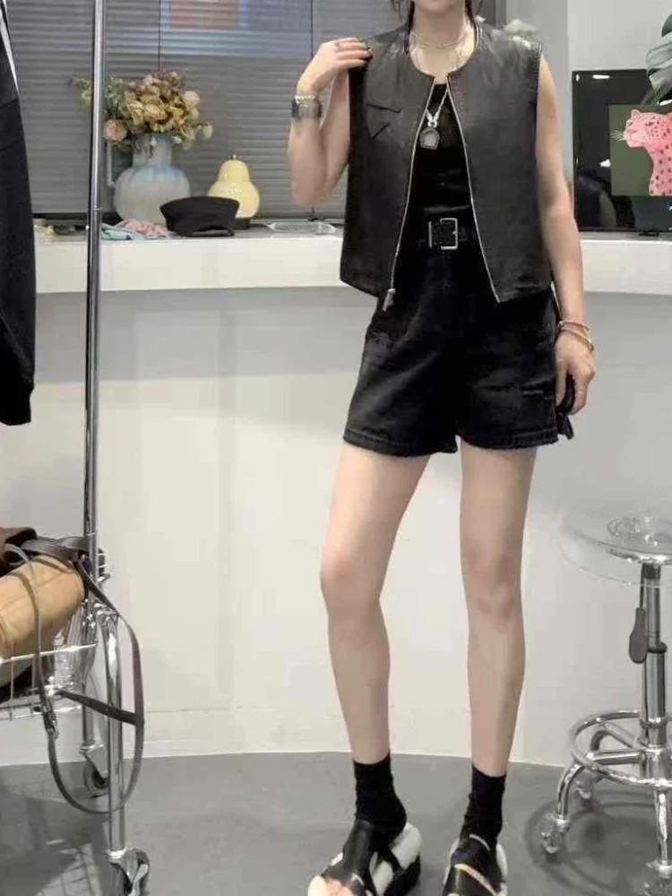 

Real Leather ort Svel round Ne Vest Women's Faion Outerwear Loose Top Autumn New Arrival by Europen Hong Kong Sle