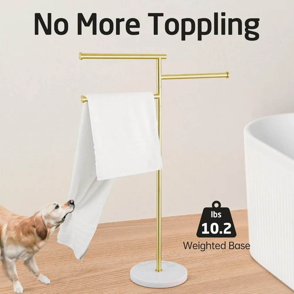 Toalheiro de banho autônomo em ouro escovado de 40 polegadas com base de mármore natural e 3 braços giratórios