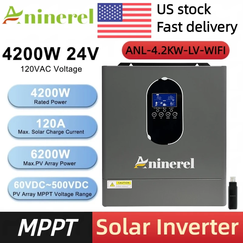 Aninerel US stock 4.2KW 24V NEW 110-120V Hybrid Solar Inverter household Pure Sine Wave Inverter 120A MPPT Charge Controller