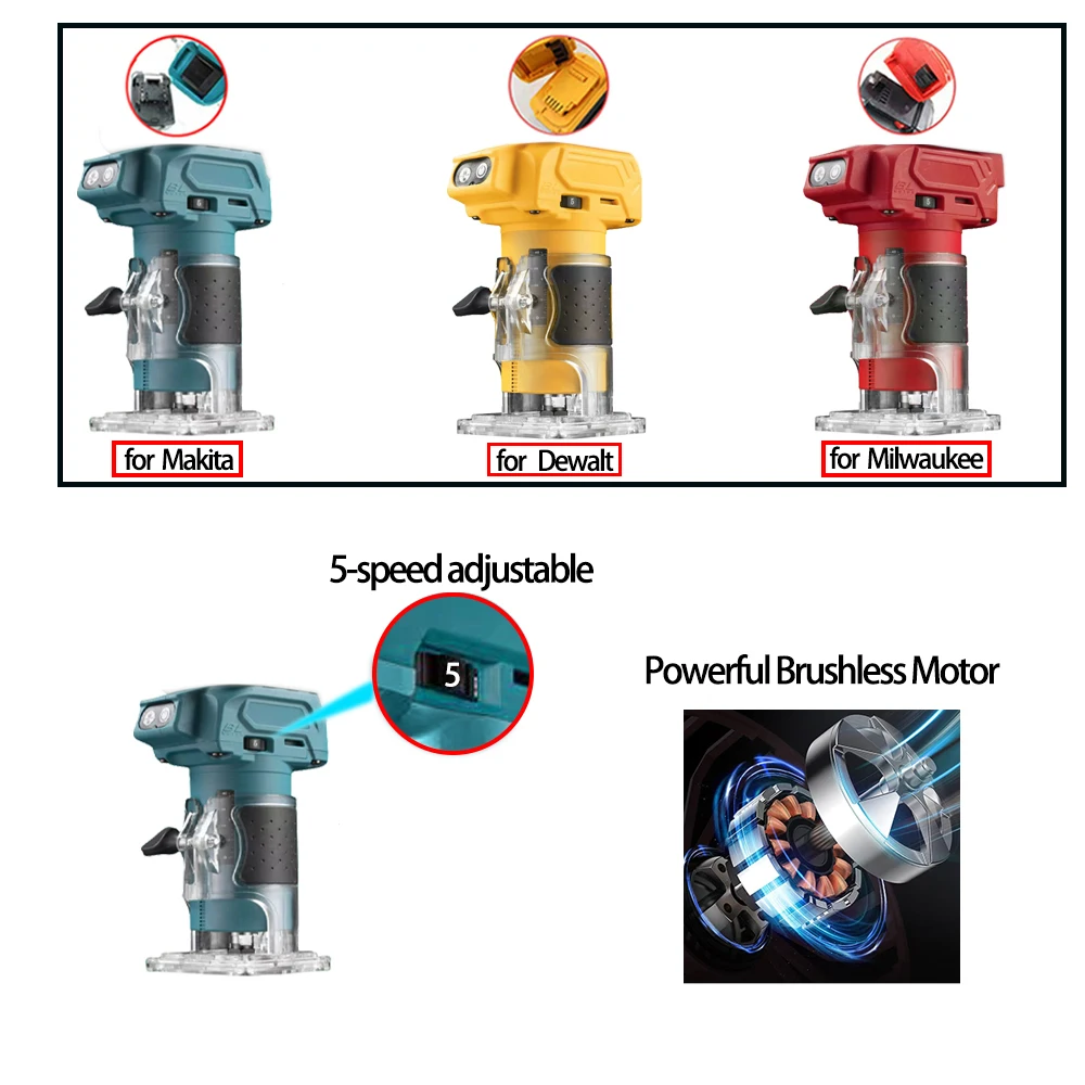 Brushless Trimmer for Woodworking 18V Compatible with Makita Dewalt MK Wood Router Milling Engraving Slotting Machine Tool