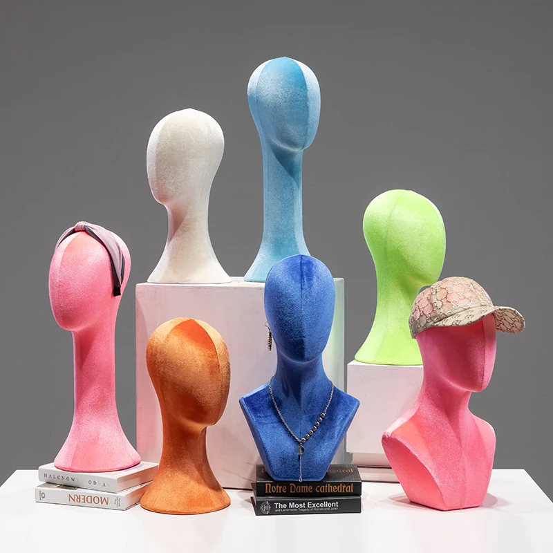 Colorful Velvet Long Neck Female Mannequin Head Model for Wig Hat Scarf Glasses Display Needleable