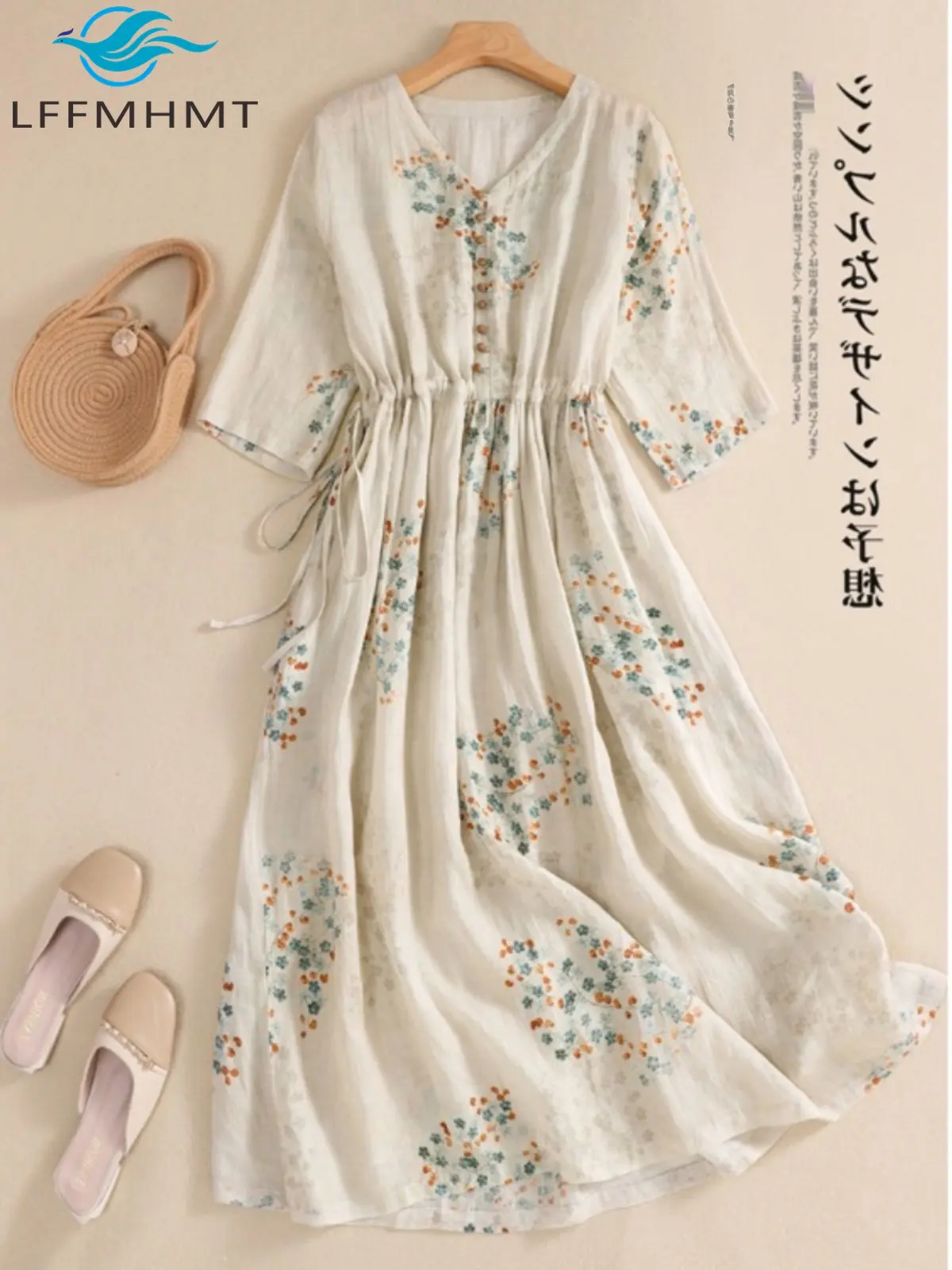 Summer Fashion Vintage Cotton Linen Floral Print Short Sleeve Dress for Women Elegant V-neck Beach Holiday Frock Female Clothes