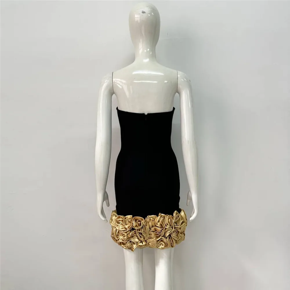 Or 3D fleurs ourlet robes de soirée noir bretelles courte robe de pansement sans manches dos nu Floral Mini bal moulante Cockta
