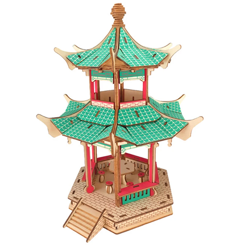 3D Wooden Puzzles Chinese Pavilion DIY Assembly Model Kits Famous Architecture Jigsaw Kids Toys For Children Christmas Gifts