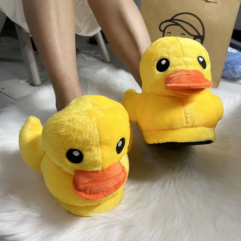 Women Creative Funny Cartoon Yellow Duck Slippers Lovely Plush Fuzzy Slippers Cute Plush Doll Home Bedroom Slides Warm Shoes