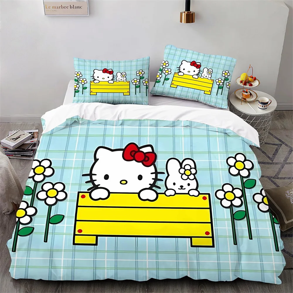 Cartoon Hello Kitty Duvet Cover Punk Style Bedding Set Cute Cat Anime Comforter Set Bedding Set Kids Bedroom Gifts Decoration