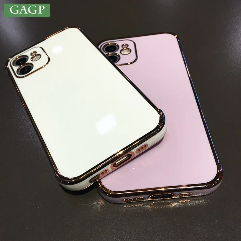 Luxury Glossy Gold Plating Silicon Case For iPhone 16 15 14 13 11 Pro Max XS X XR 15 Soft Pure White Color Cover For iPhone 16