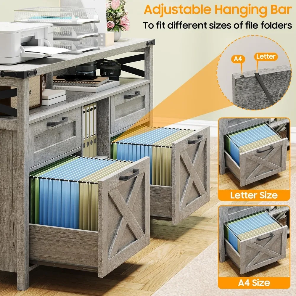 Farmhouse Style 4-Drawer File Cabinet with Adjustable and Open Storage Shelf for Home Office Organization