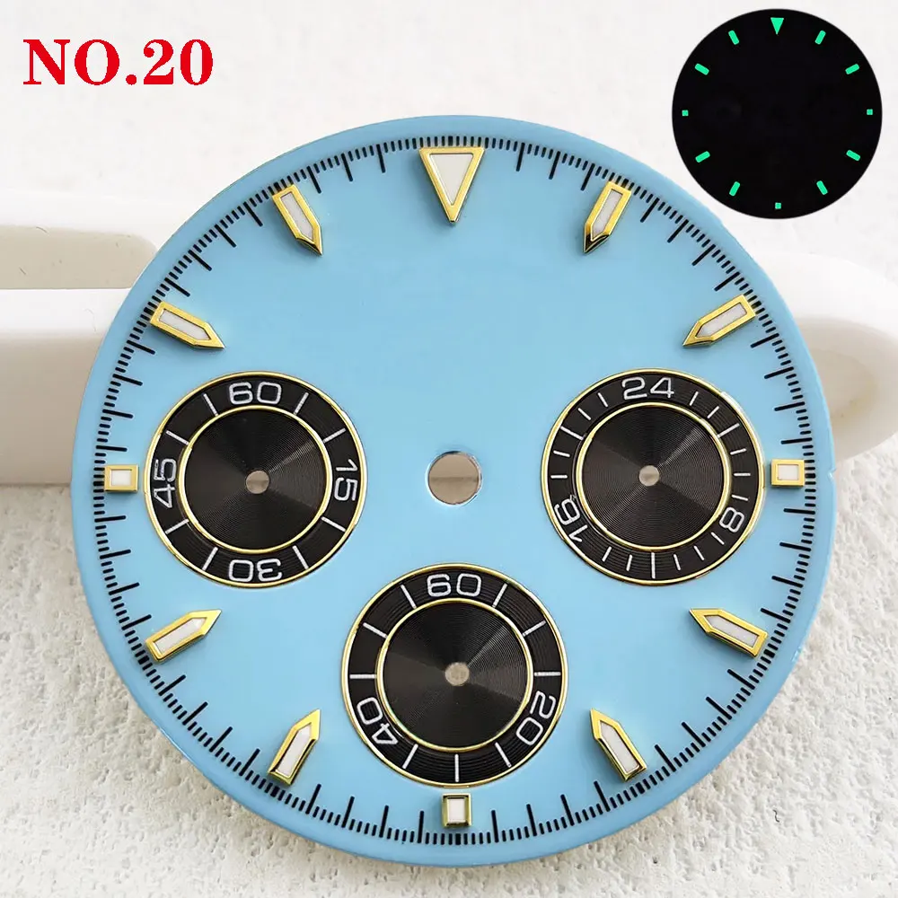 29mm dial VK63 movement 6-hand watch parts C3 green luminous chronograph dial customizable logo