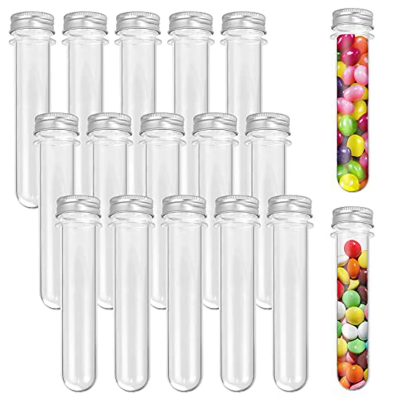 15PCS 100Ml Clear Plastic Test Tubes with Screw Caps and 1 Cleaning Brush - Gumball Candy Tubes for Wedding Party