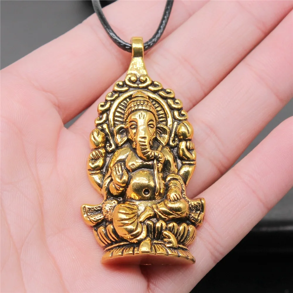 Dropshipping Necklace 62x32mm Ganesha Buddha Elephant S Pendant Necklace Faux Black Leather Rope Chain