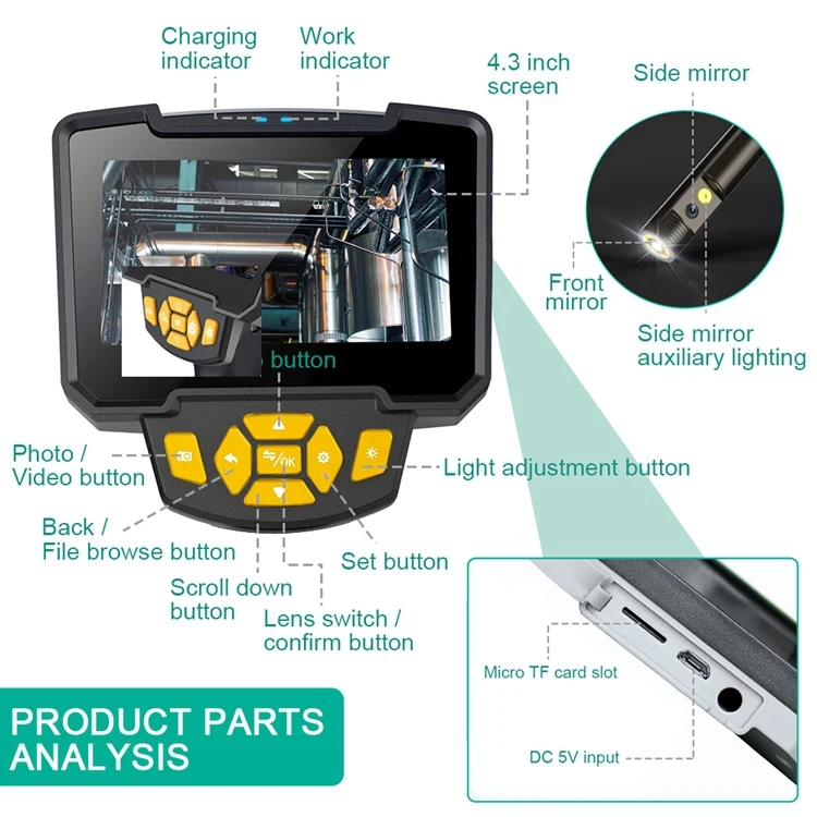 5m Double Lens Industrial Endoscope Two Cameras Endoscopic Plumbing Drain Video Inspection Camera with Screen