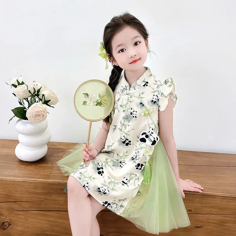 2026 Chinese Summer Panda Girls Clothes Retro Teens Lace Hanfu Qipao Mesh Child Princess Flower Dress 5 6 7 8 9 10 12 New Year
