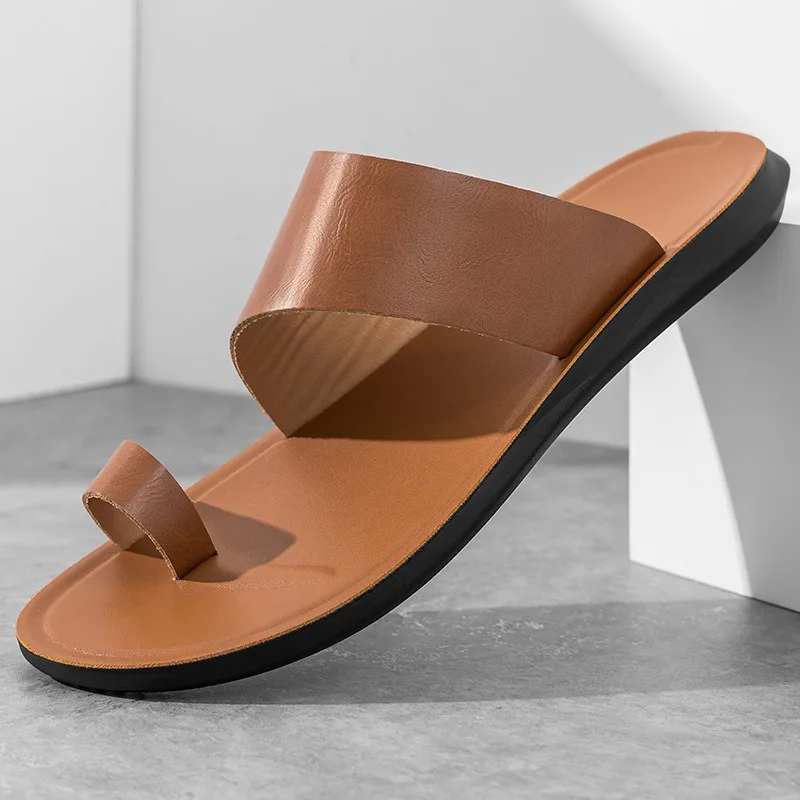

Men's Slippers 2025Summer New Casual Leather Slipper Comfortable Non-Slip Men Flat Sandals Peep Toe Beach Slippers Luxury Slides