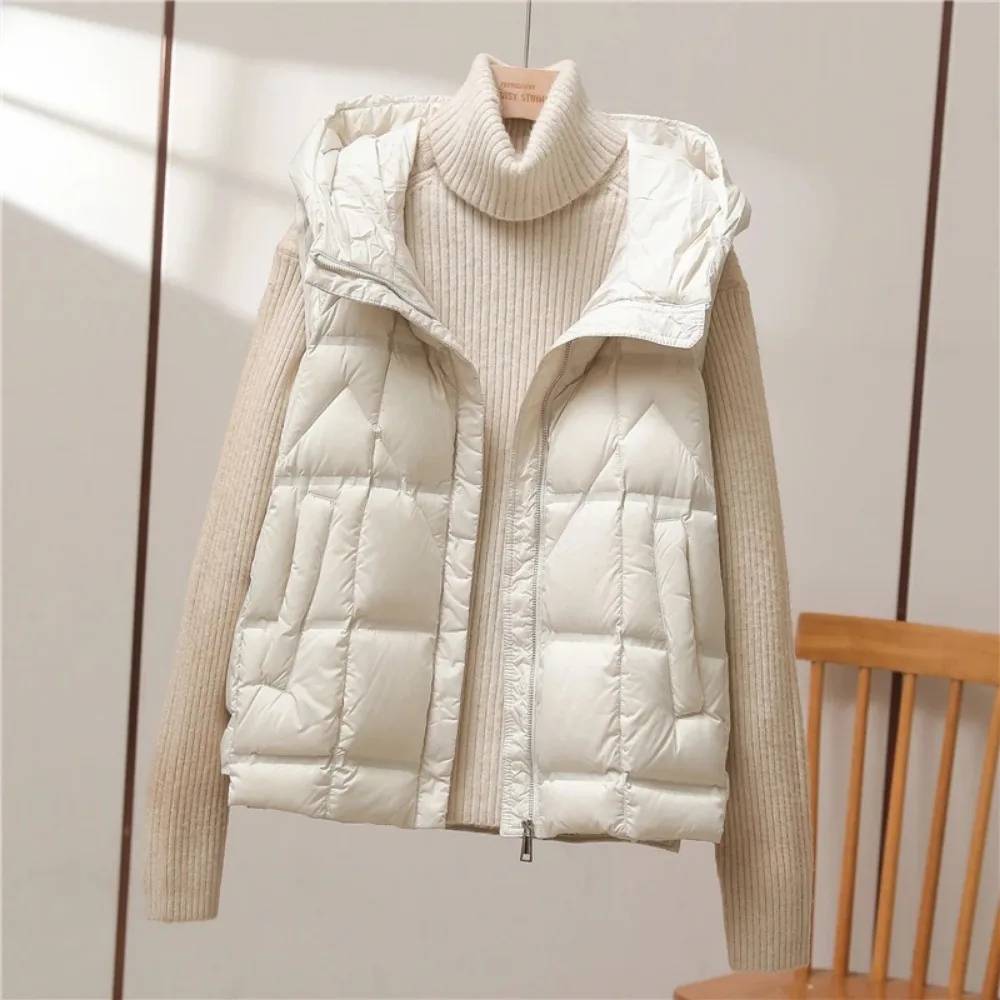 2024 New Autumn Winter Hooded Puffer Waistcoat Women Lightweight Warm Loose 90% White Duck Down Short Sleeveless Vest