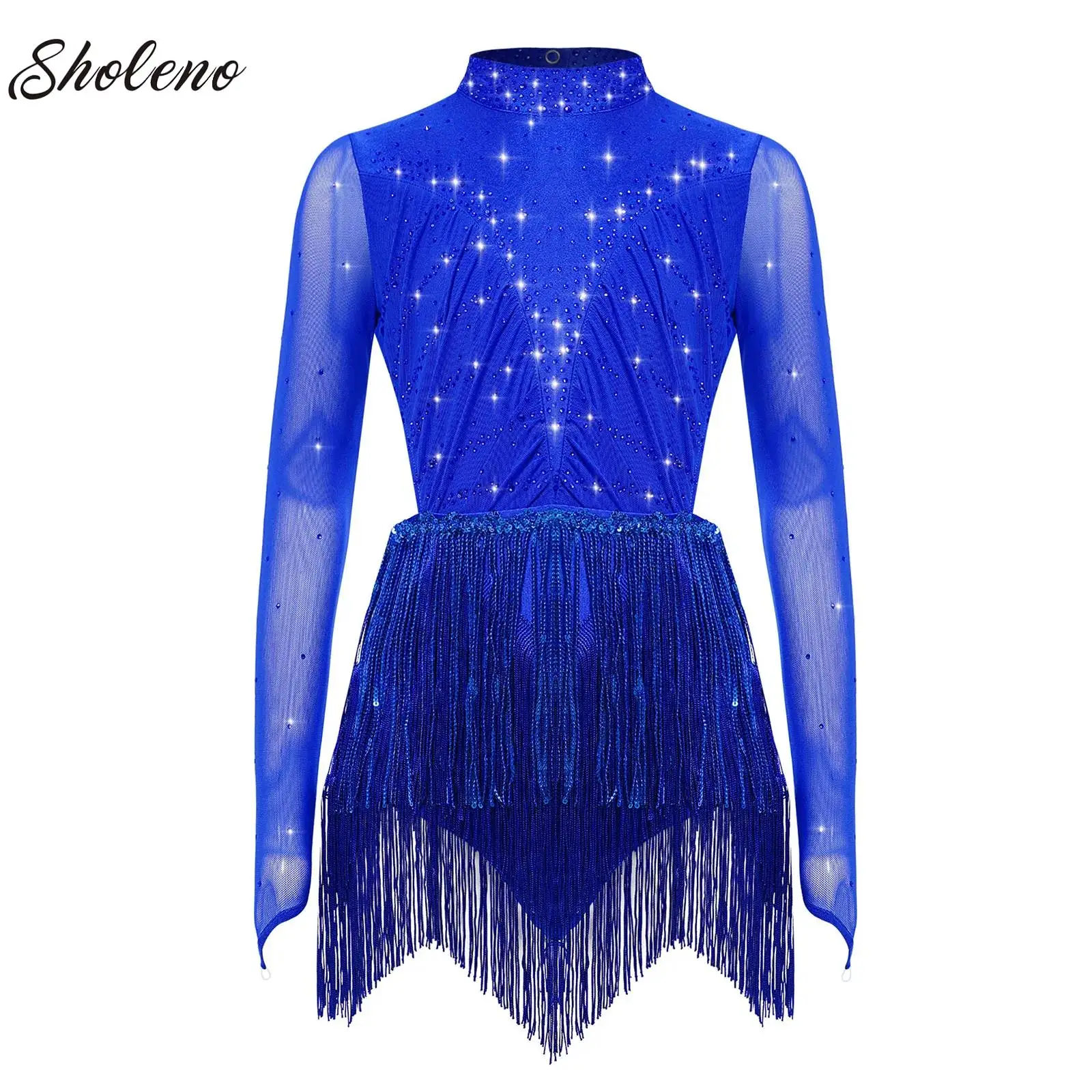 

Kids Girls Latin Dance Bodysuit Tango Cha-cha Samba Rumba Figure Skating Leotard Shiny Tassel Dress Stage Performance Dancewear