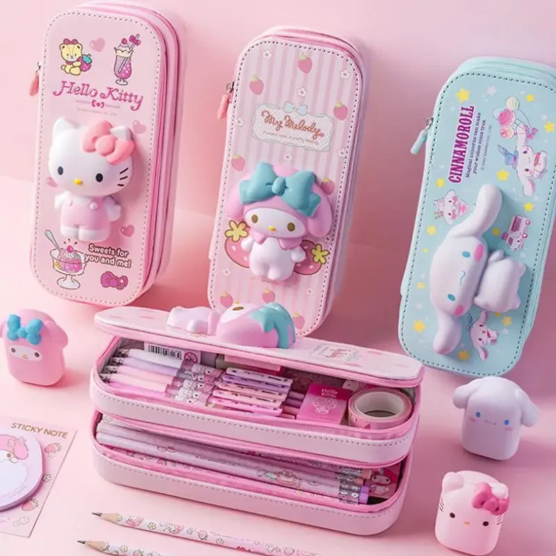 

MINISO Sanrios Hellokittys Cinnamoroll Kuromi Kawaii декомпрессионный двухслойный пенал мультяшный ящик для канцелярских принадлежностей большой емкости