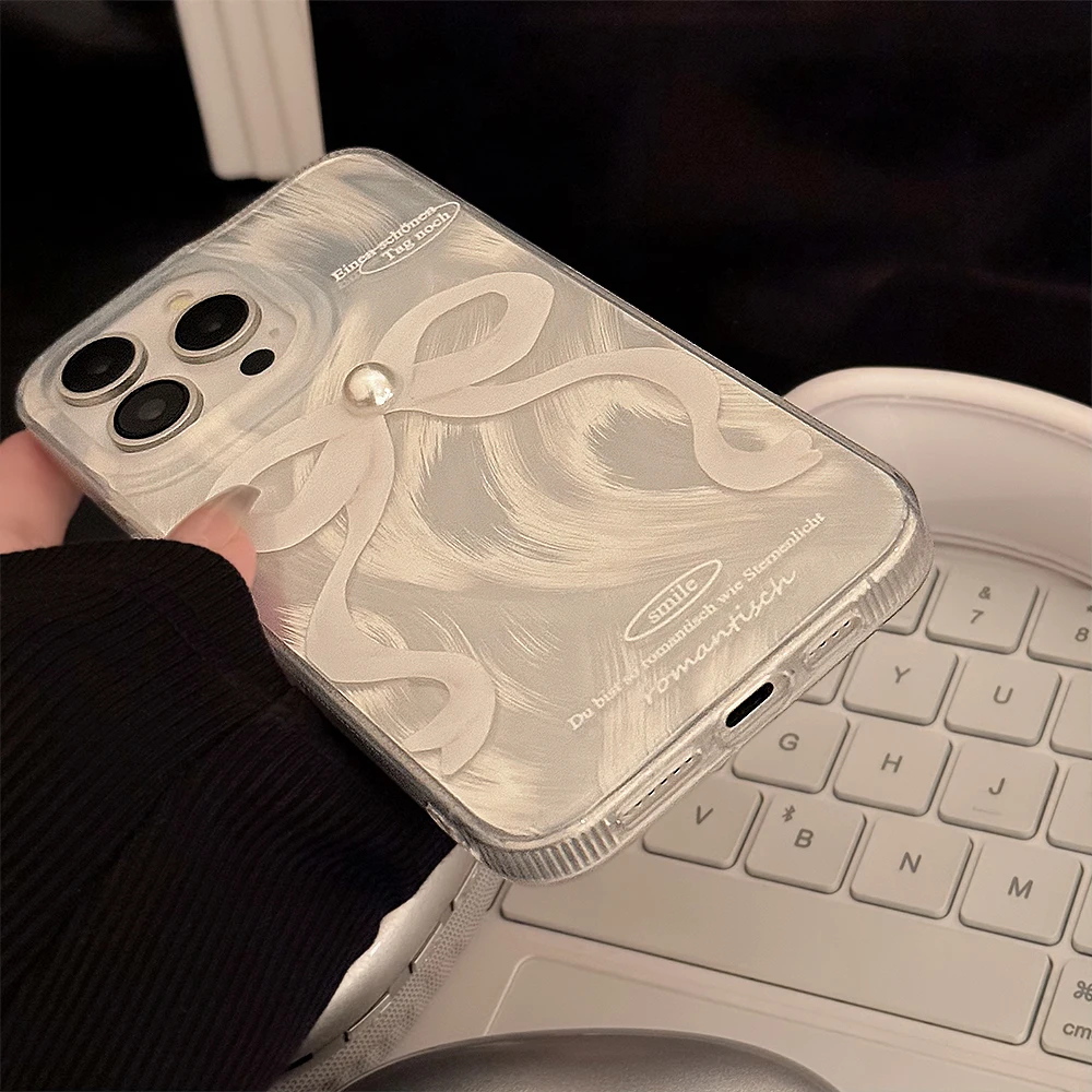 Ins Korea Cute Pearl White Bow Silvery Phone Case for iPhone 15 14 13 Pro Max 12 Pro 11 Back Cover image 4