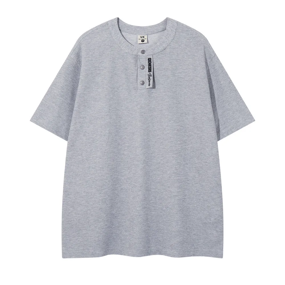 Waffle short-sleeved T-shirt for men, summer, loose fit, casual, trendy American style, half-zip pullover, three-quarter sleeve.