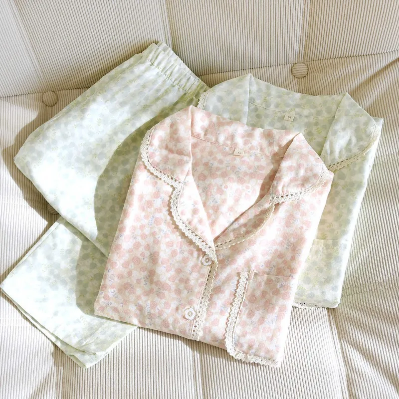 Women Pure Cotton Gauze Pajama Set Soft Breathable Long Sleeve Small Floral Print Lace Trim Lapel Loungewear Sleepwear