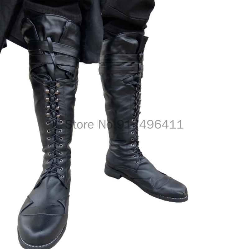 Medieval Steampunk Cosplay Long Black Boots Men Winter Larp Pirate PU Leather Shoes Carnival Party Fancy Halloween Knight Boots