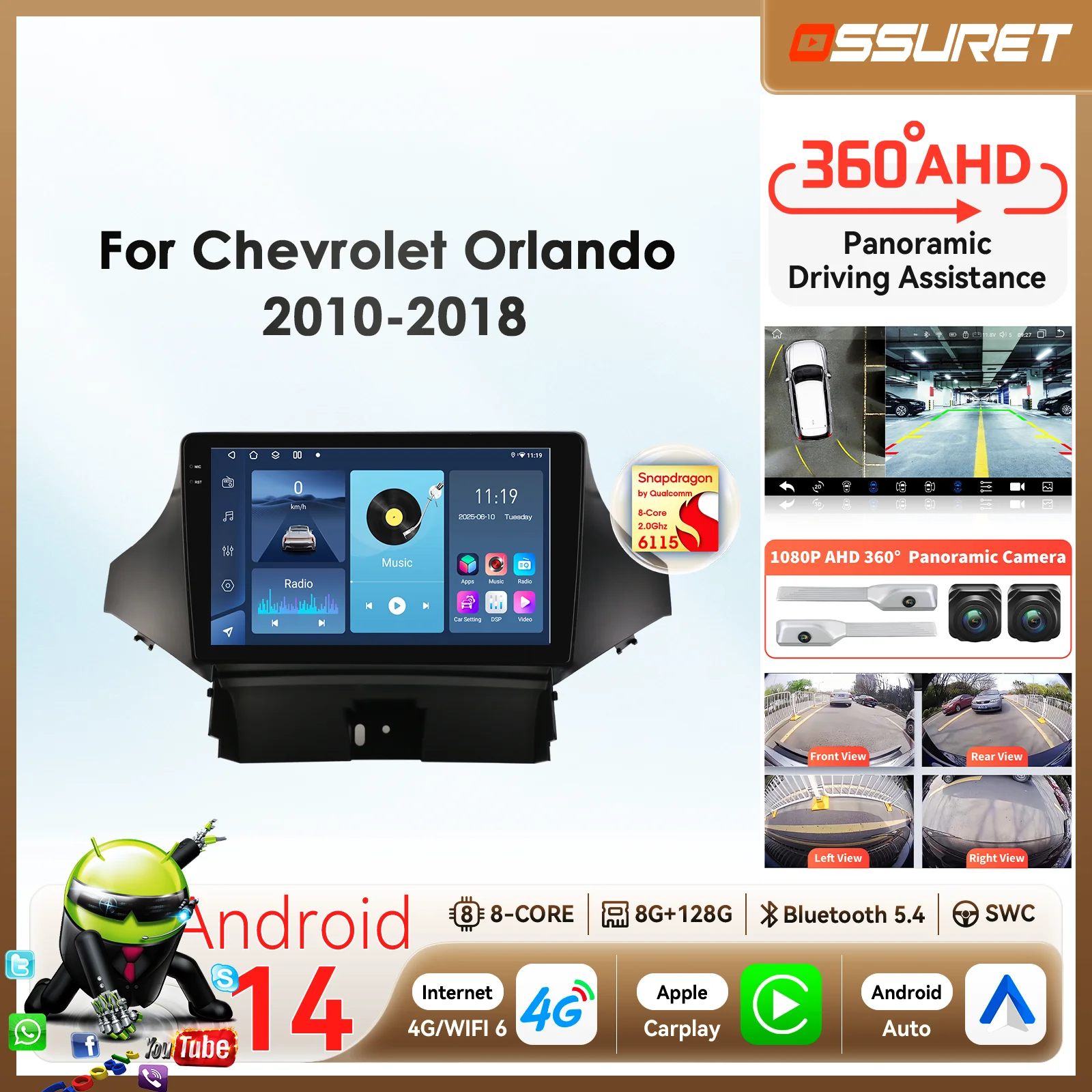 2din 360 Camera Android 14 Car radio For Chevrolet Orlando 2010 - 2018  Multimedia Player GPS Carplay Snapdragon 6115 Autoradio
