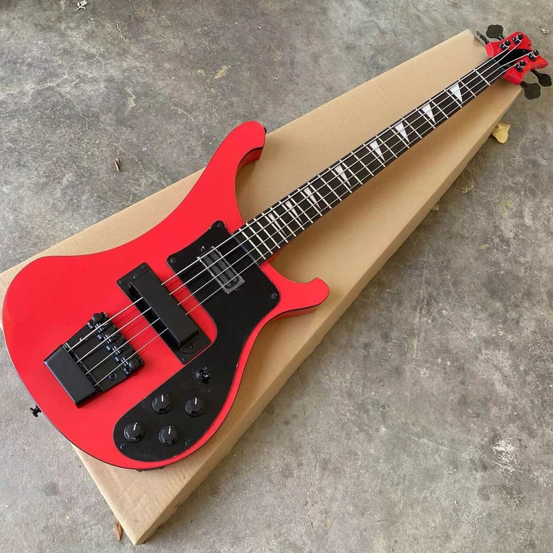 4003 Electric Bass Guitar Red Color, Black Hardware & Pickguard, Flat Body, Small Triangle Inlays, 4 String Bass