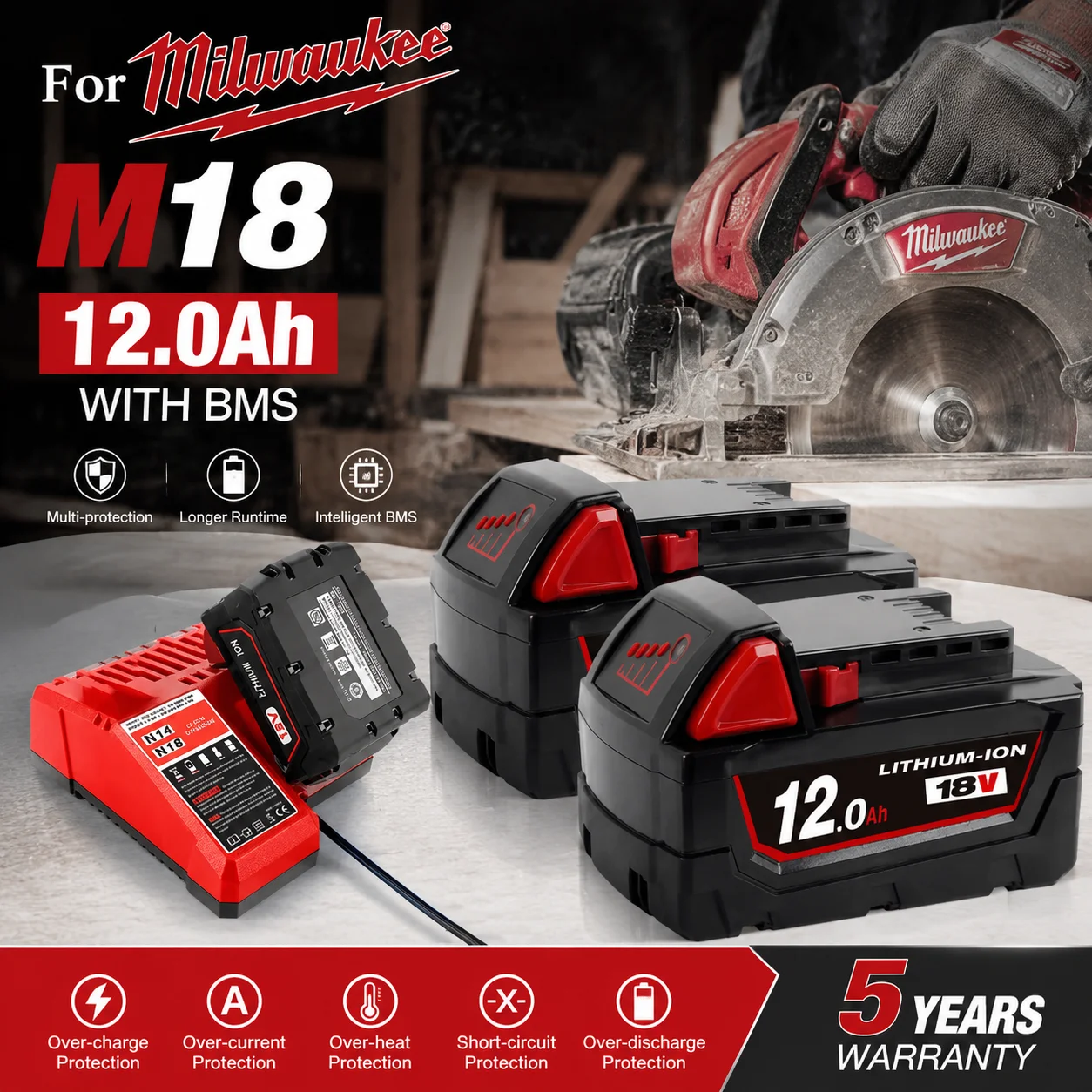 

M18 Battery 12Ah For Milwaukee 18V XC Cordless Power Tools 48-11-1860 48-11-1850 48-11-1840