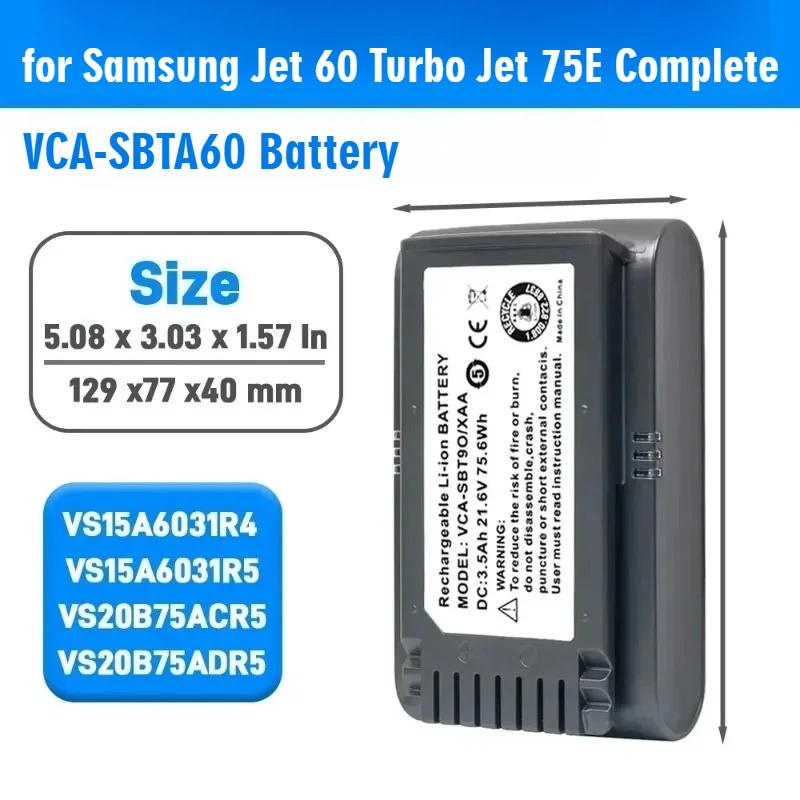 

Replacement VCA-SBTA60 Battery for Samsung Jet 60 Turbo Jet 75E Complete, High-Performance Li-ion Battery Pack forVacuum Cleaner