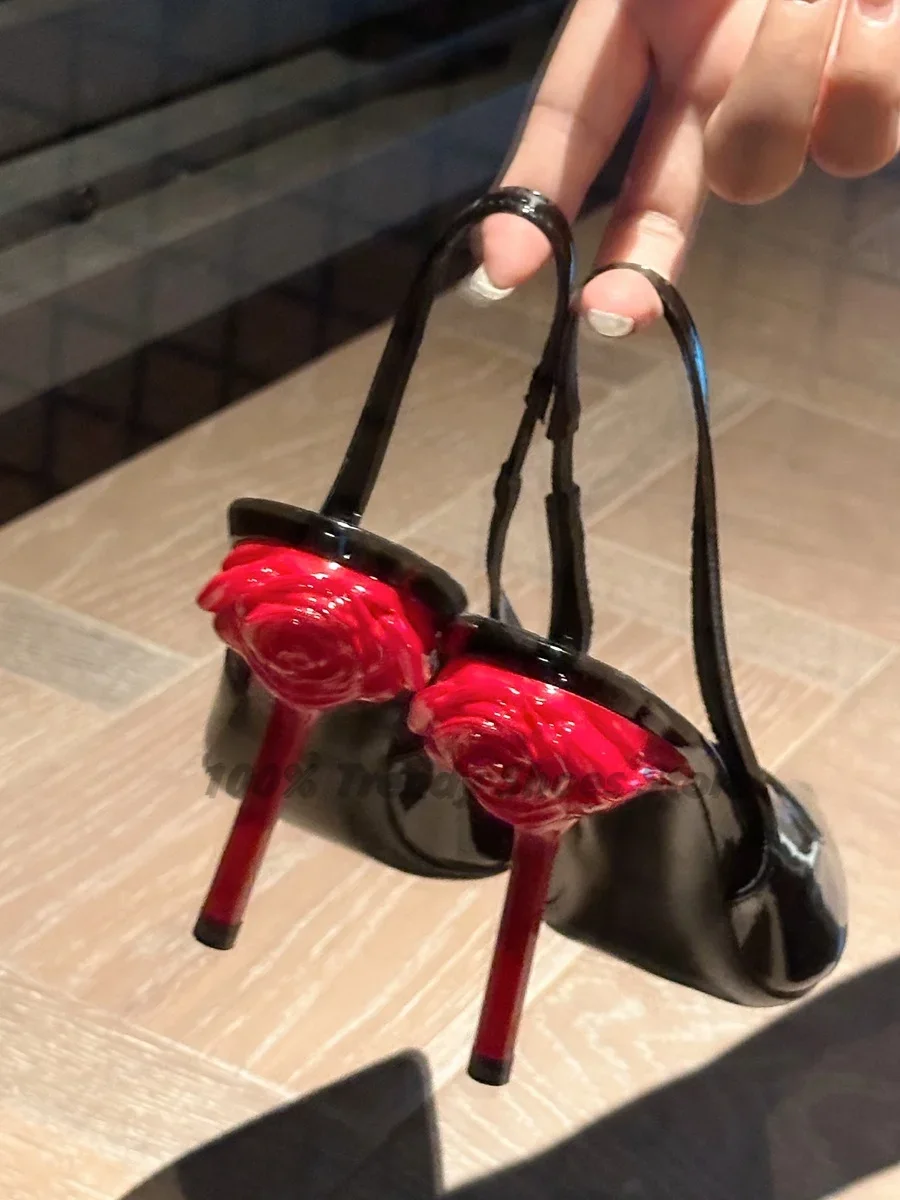 

Hot Selling New Rose Contrasting Color Fine Heel Pointed French Temperament Single Shoe Black Toe Cap Sandals for Women