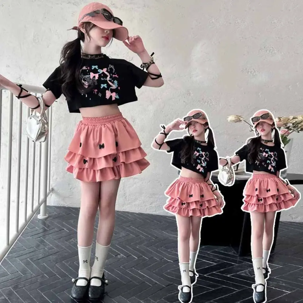 

Elegant Y2K Bow Children Cake Skirt Set Pleated Slim Fit T-shirt Skirt Suit Sweet Teenagers Girls Clothes Set Students