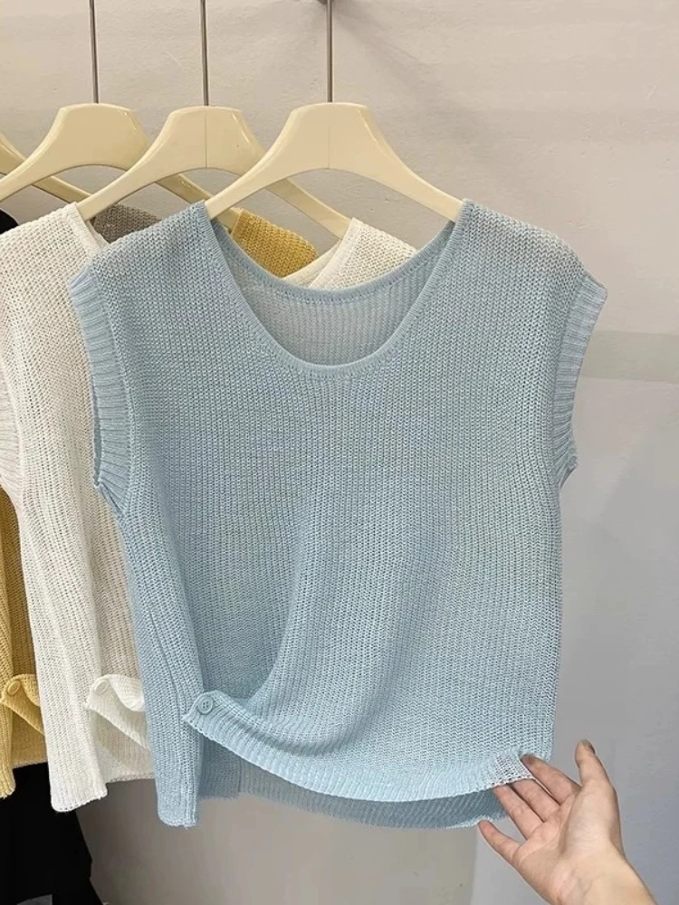 2026 Summer New Ice Silk Knitted Top European Style Side Knot Fashion Women T-shirt Simple Solid Color Versatile Tee