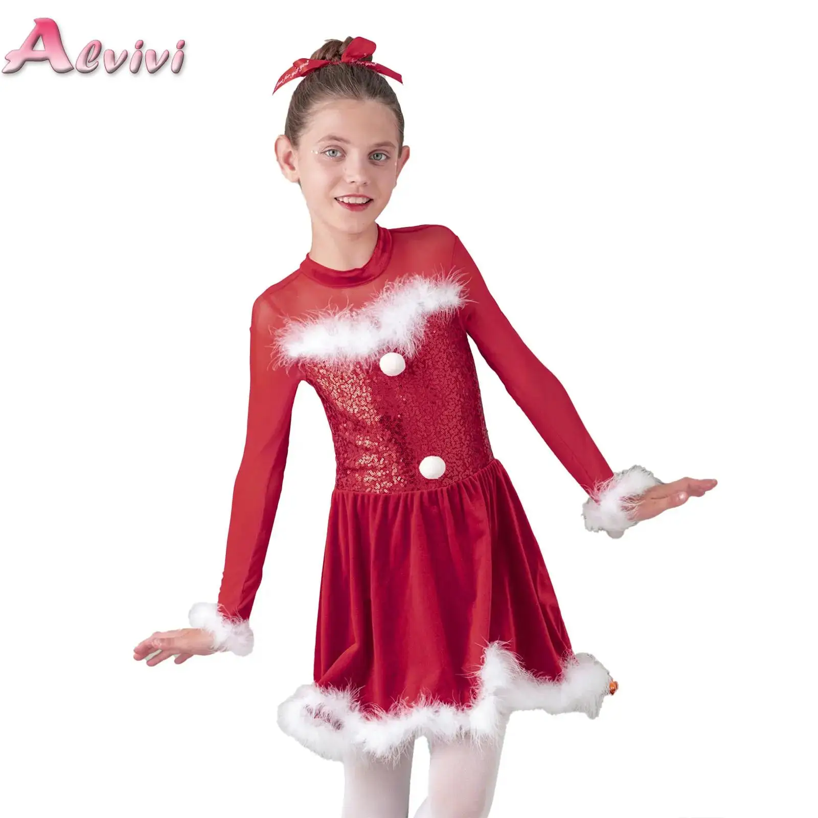 

Kids Girls Christmas Performance Dance Clothes Shiny Sequined Elf Feather Dress for Ballet Dancing Ice Figure Skating