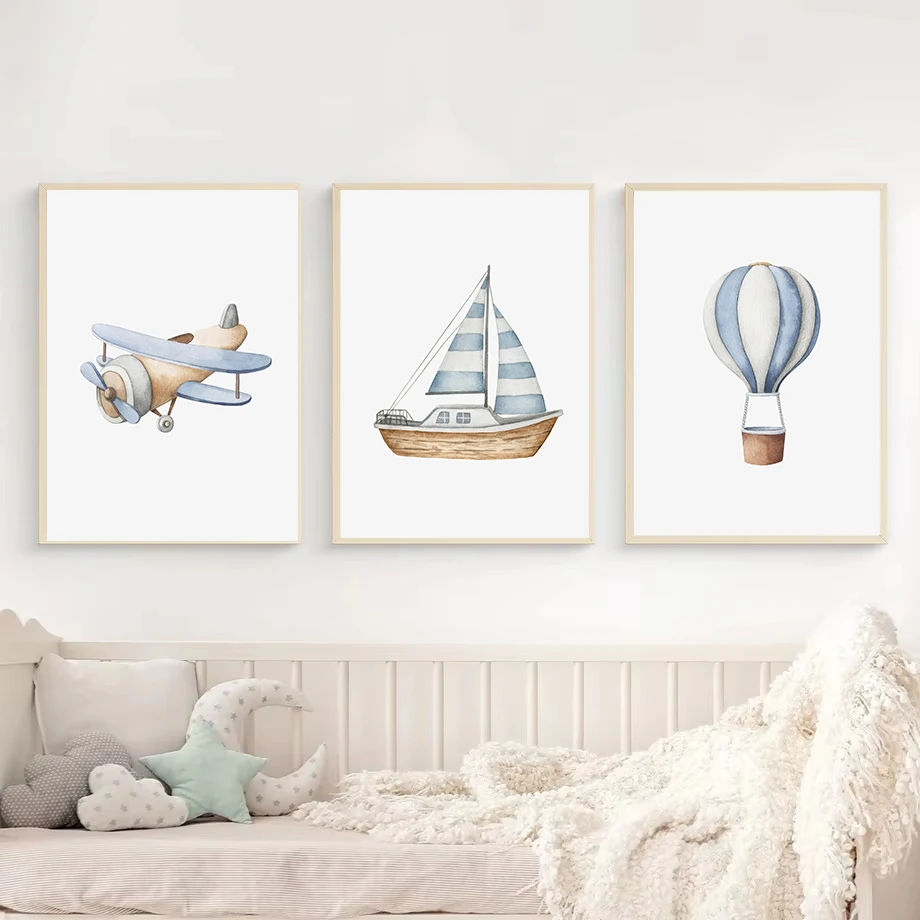 Watercolor Vehicle Transportation Art Car Plane Train Boat Hot Air Balloon Poster Canvas Painting Print Boy Nursery Home Decor