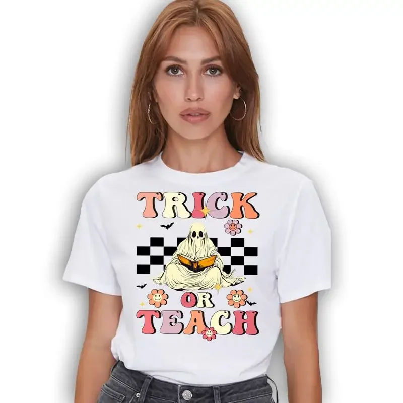 Retro Teacher Halloween T Shirt Groovy Floral Ghost Trick Or Teach