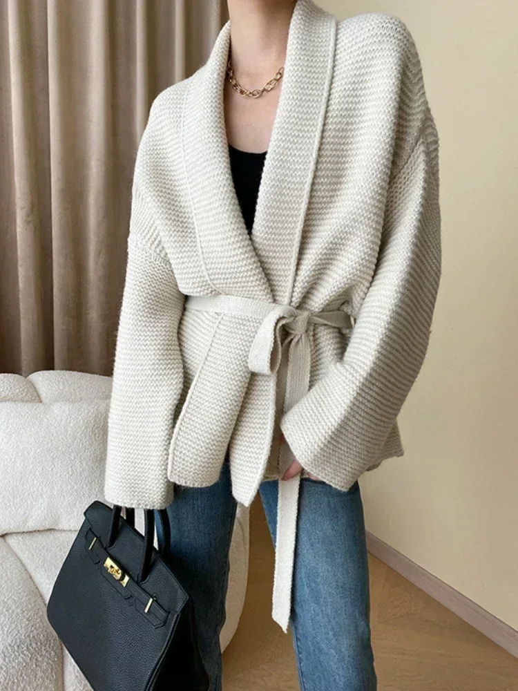 Knitted Cardigan Sweater Loose Lace Up Waist Retraction Oversized Cardigan Autumn New Grey Warm Fashion Coats for Women 2024