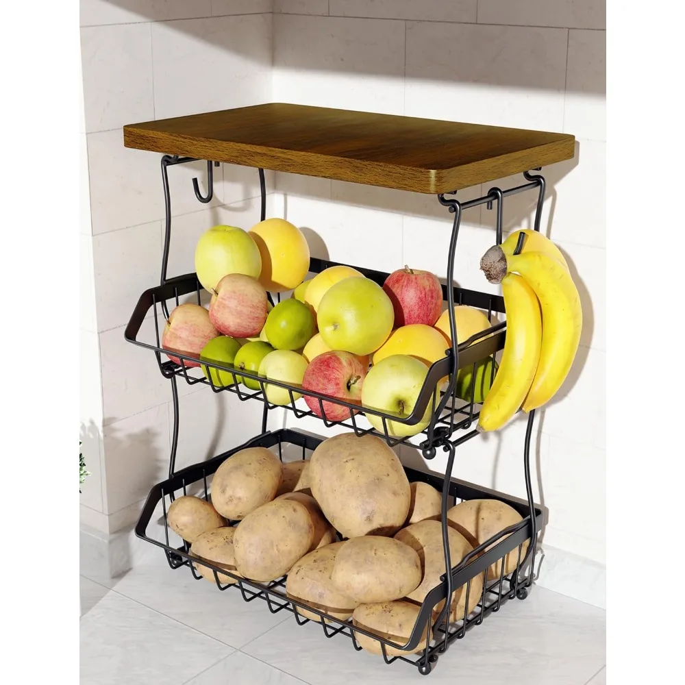 

3-Tier Fruit Basket for Kitchen Counter with Banana Hangers, Countertop Organizer Fruit Bowls with Wood Top, Fruit Storage Baske