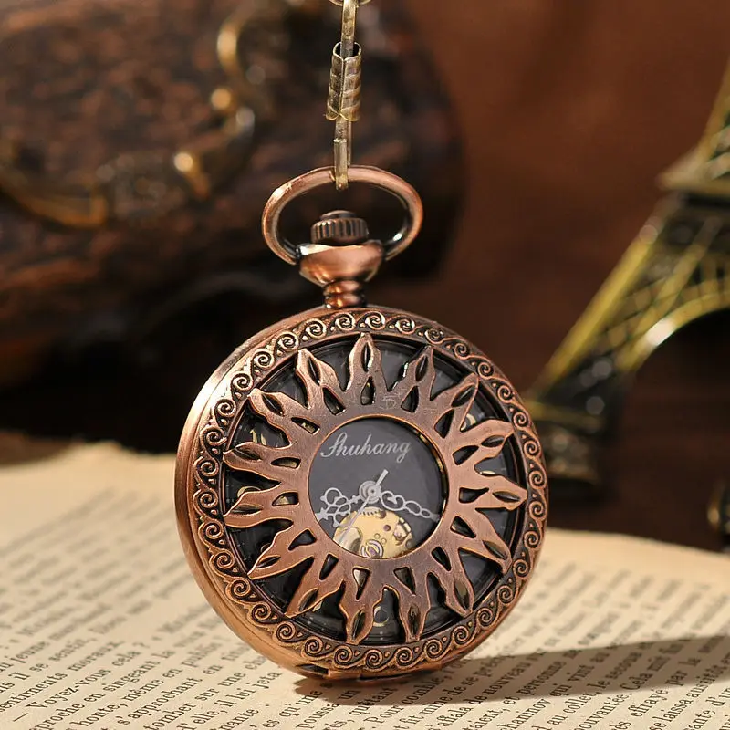 Cobre tom Steampunk esqueleto relógio de bolso para homens, caixa oca, mostrador preto, número árabe, mão vento movimento mecânico, corrente Fob