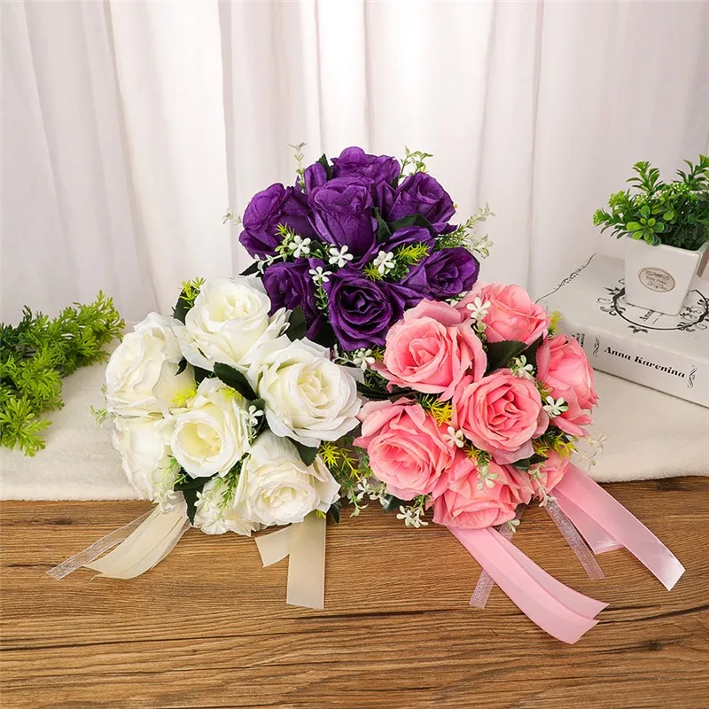 Neue Braut Brautjungfer Hochzeits strauß weiße Seide Blumen Rosen handgemachte künstliche Braut
