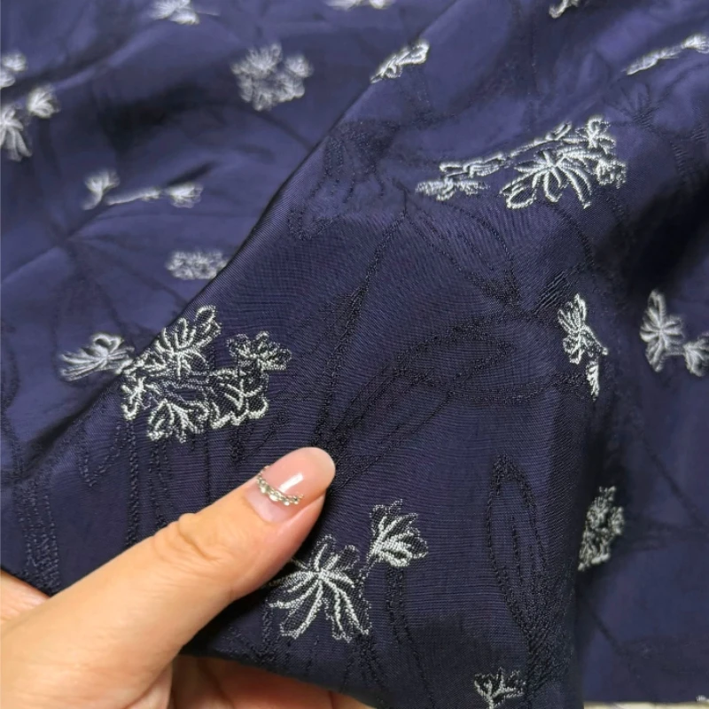 Navy Tiny Floral Lustrous Mercerized Linen Jacquard Fabric Opaque Soft Breathable Summer for Shirt Dress Pants DIY Sewing