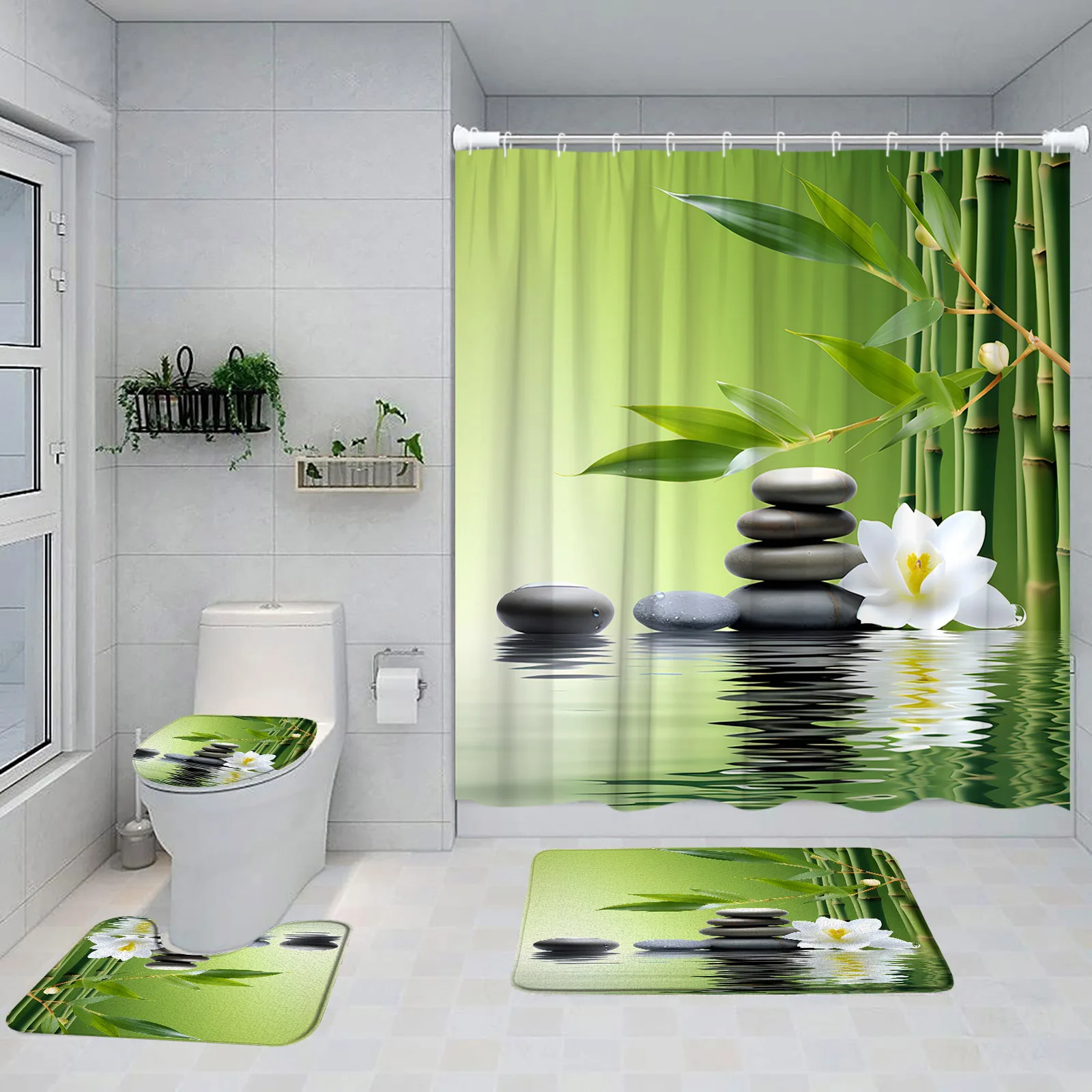 Zen Green Bamboo Bath Curtains Set Black Stone Tower Lotus Meditation Bathroom Decoration Bath Mat Home Carpet Toilet Lid Cover